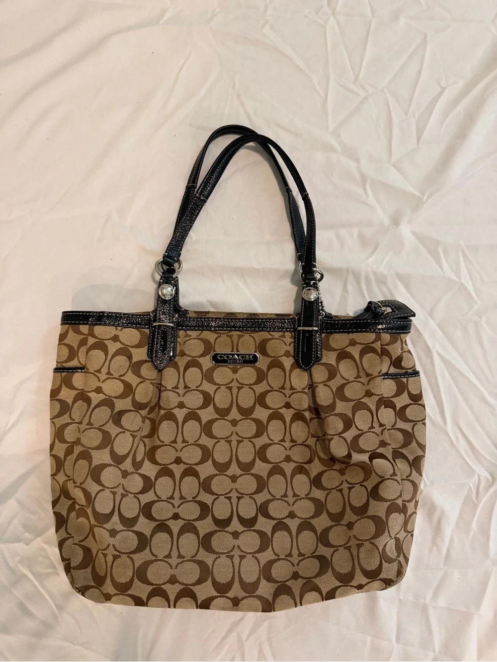 Coach F13566 Signature Jacquard Tote Bag Brown Black Leather Shoulder Purse